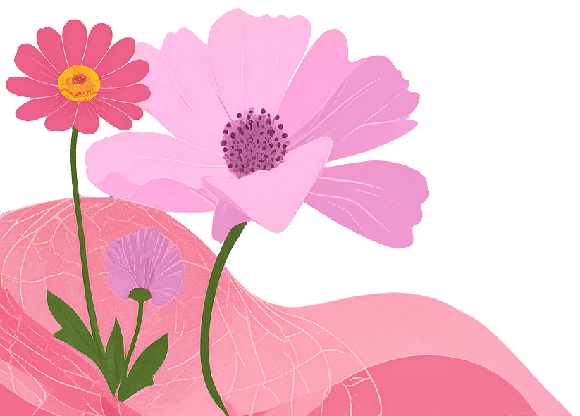Ilustración de flores rosadas sobre un paisaje