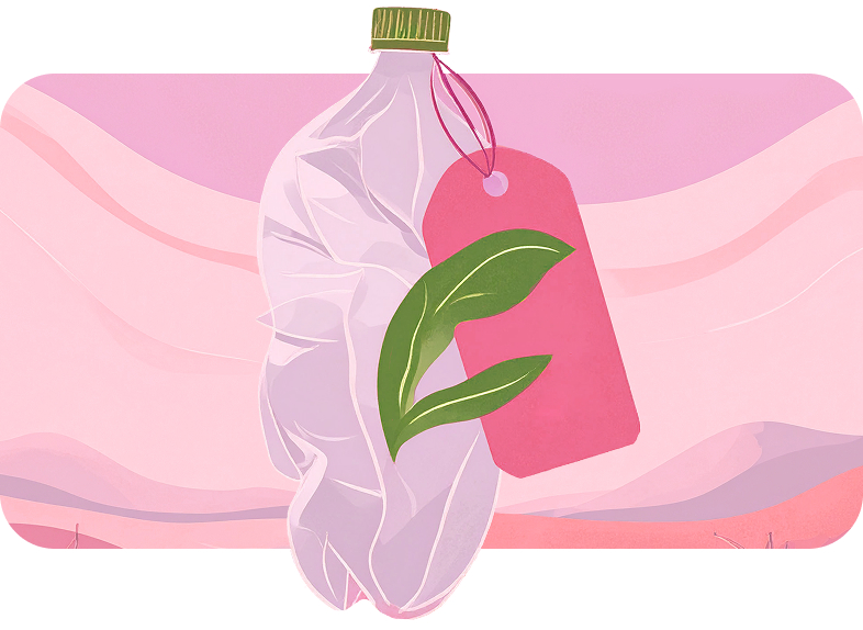 Ilustración de una botella de plástico con una etiqueta de hoja verde